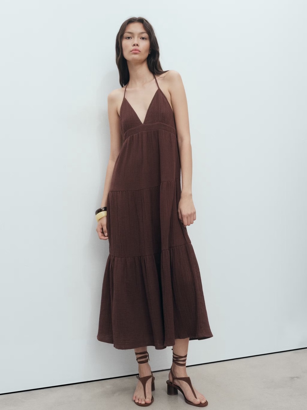 Mango Brown v-neck cotton dress NWT